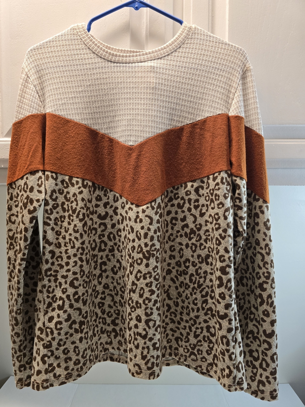 Waffle Yoke Leopard Print Crew Sweater in Cream & Rust